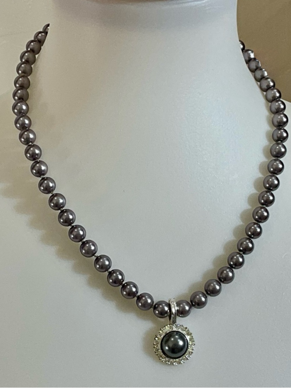 Gray Faux Pearl Necklace with Removable Enhancer Pendant Rhinestone Halo